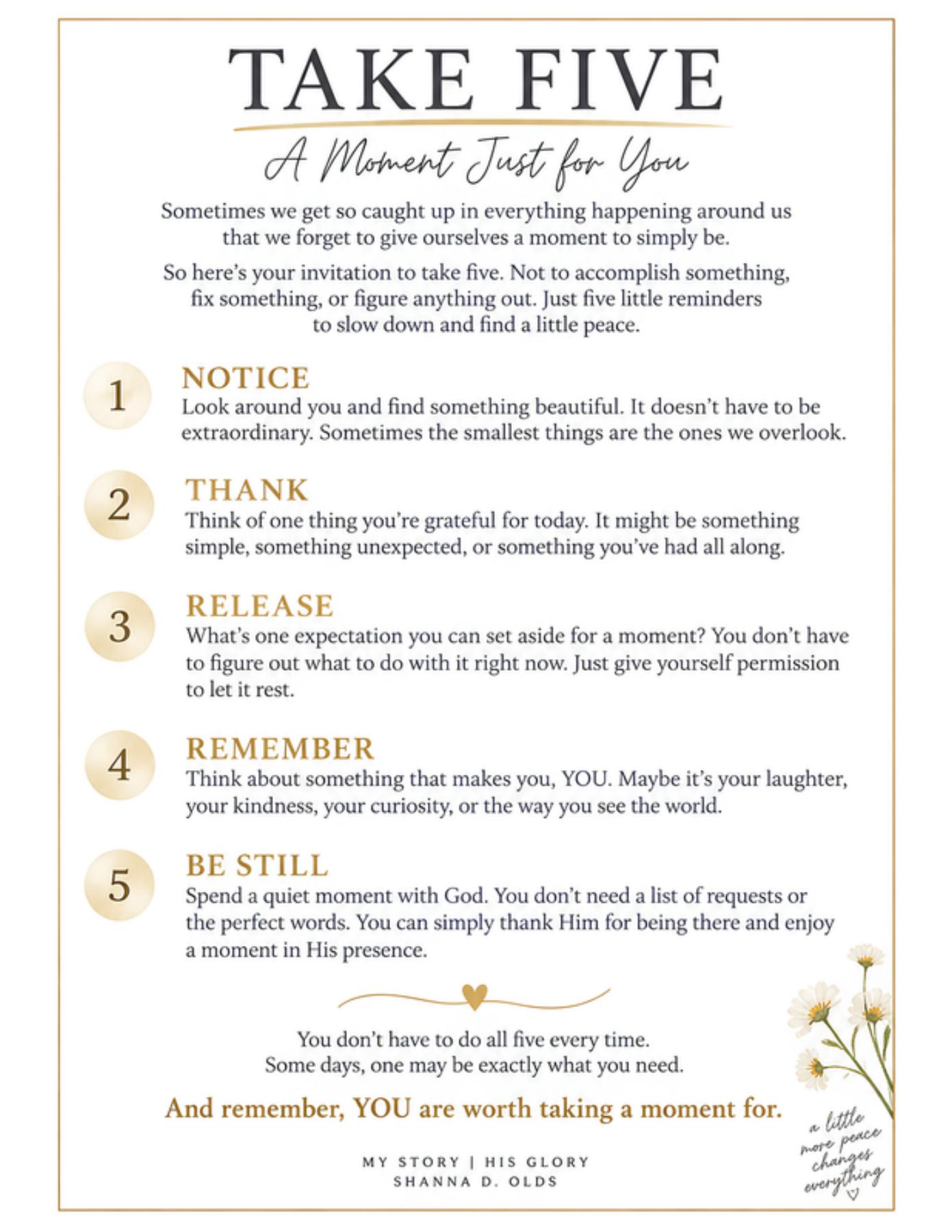 Take Five — A Moment Just for You, the complete white and gold printable design