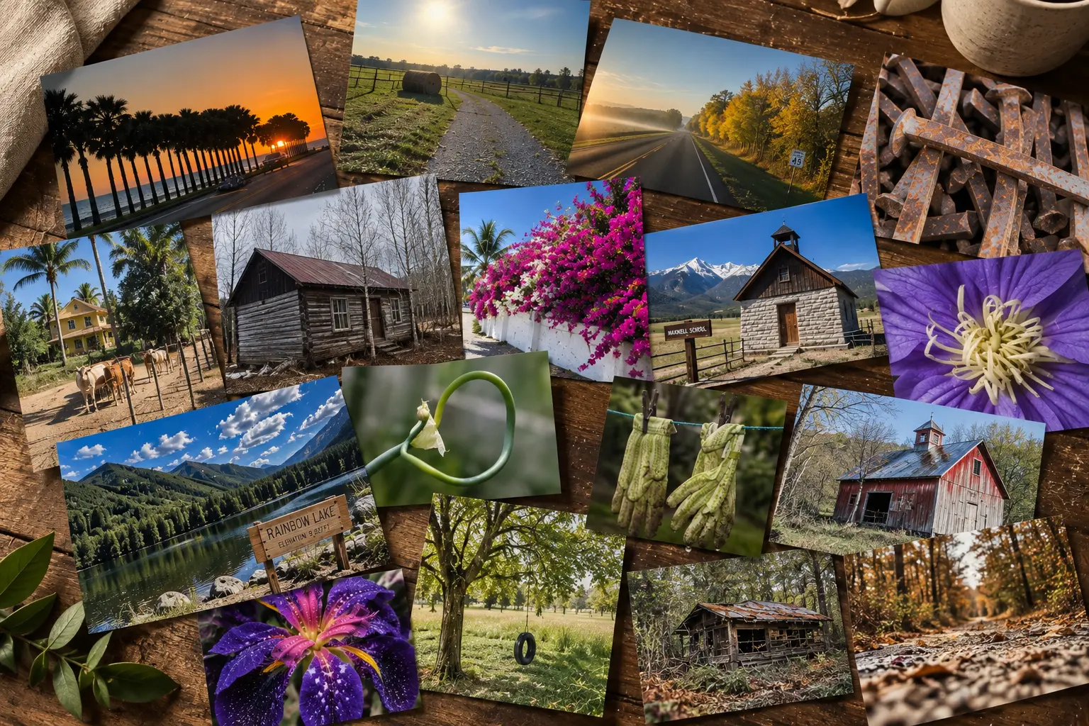A collage of Shanna's own photographs — roads, fields, skies, flowers and weathered buildings arranged on a rustic wooden table