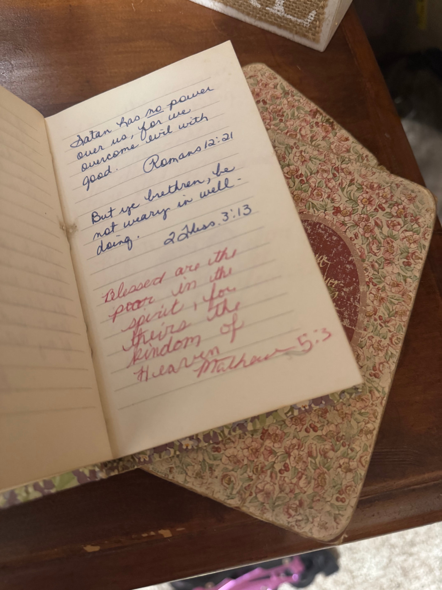 A page from Shanna's childhood journal — two Scripture passages in her mother's handwriting and one below them in her own red ink