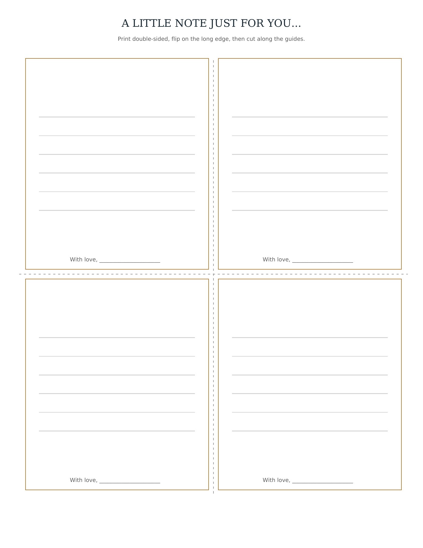 Petals & Promises back page: four matching card backs with lines for a personal note