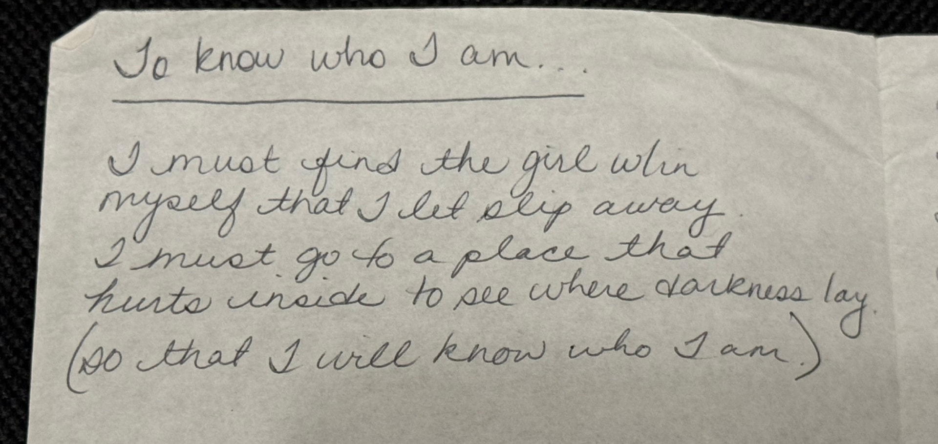 Shanna's original handwritten poem, To Know Who I Am