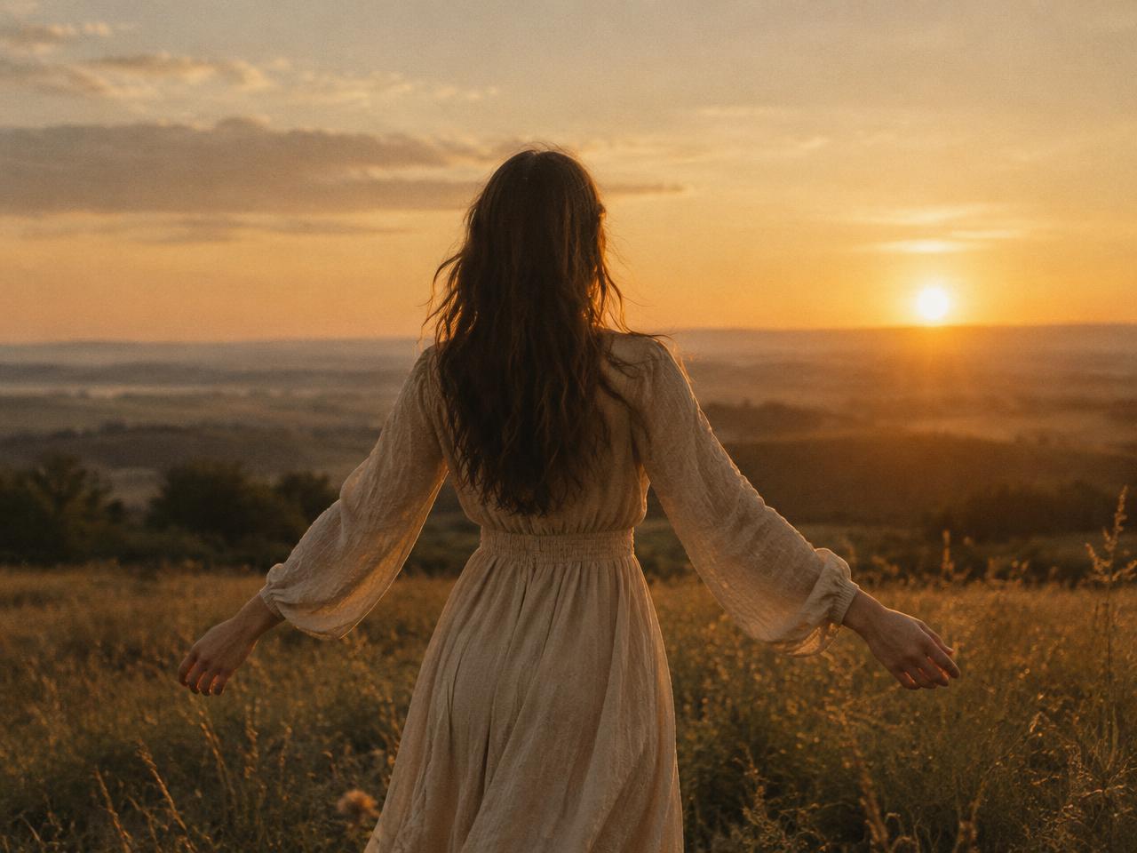 A woman standing in an open field at sunrise with her arms slightly open